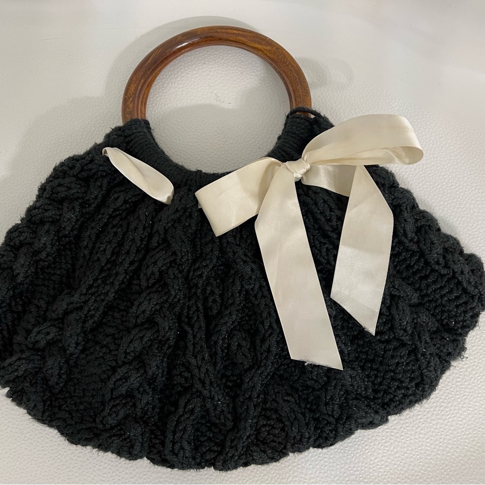 Chic Black Knit Tote with Cream Ribbon
